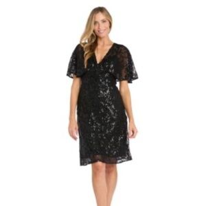 Betsey Johnson Black Sequin V-Neck Flutter Sleeve Mini Dress